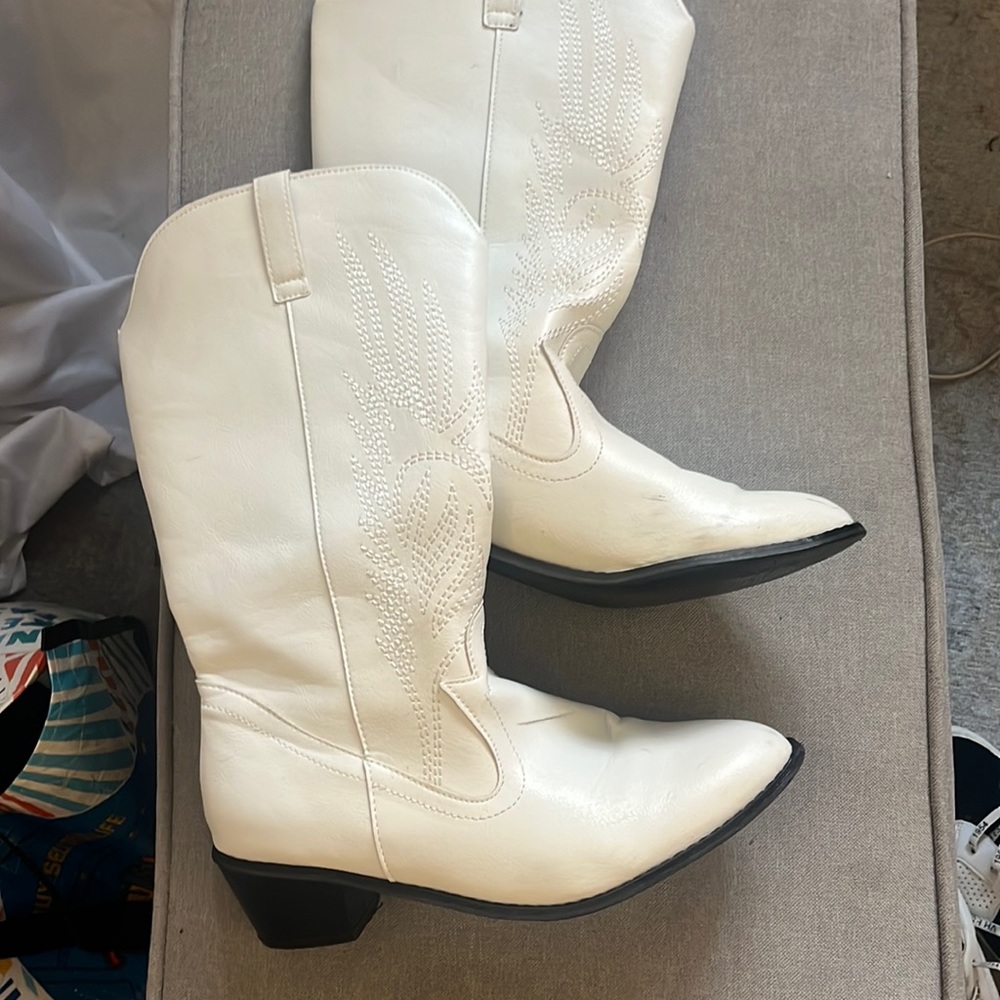 calf height, white cowboy boots